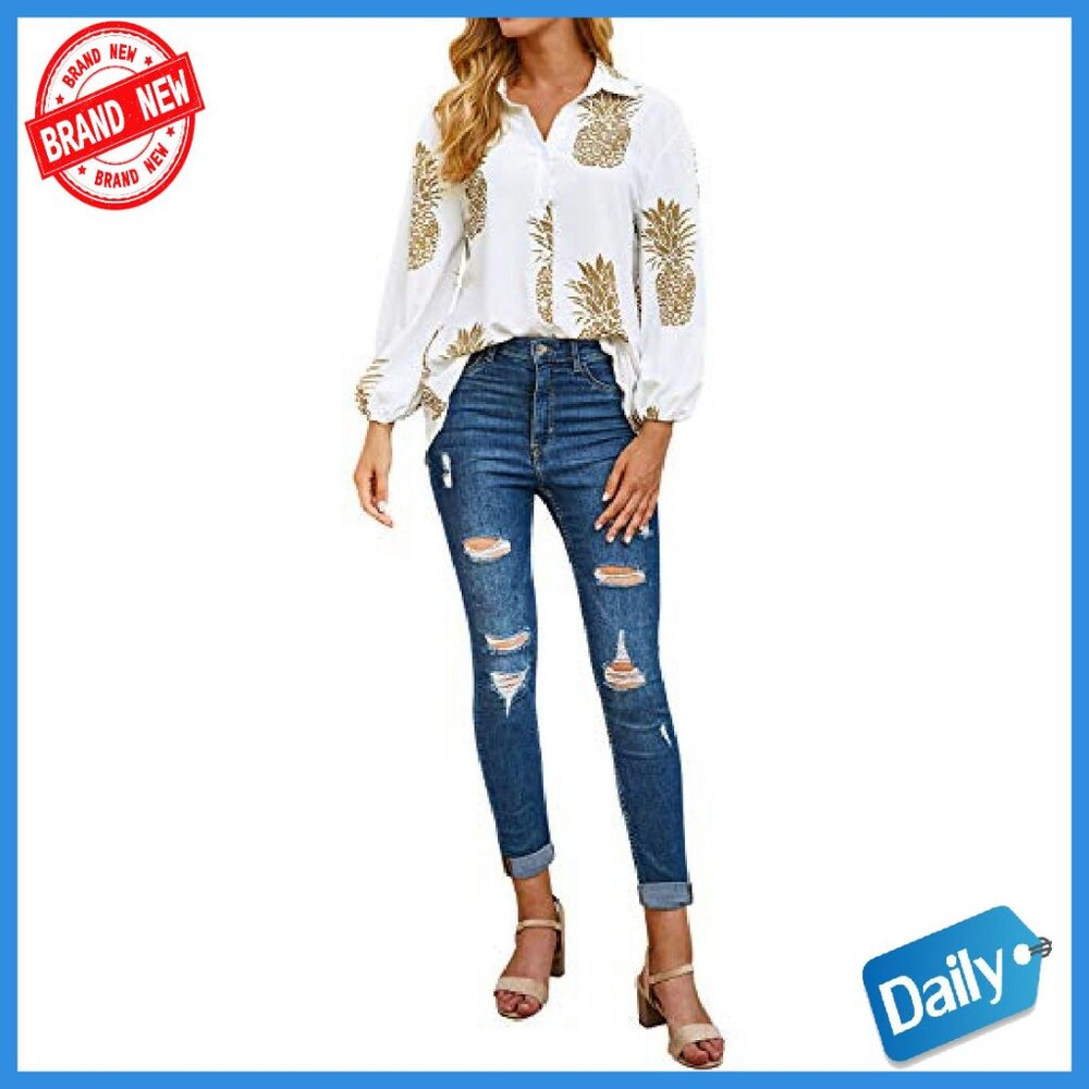 Women's Pineapple Print Lapel Collar Button Down … - image 5